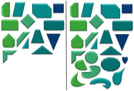 On the left we found square-like shapes vs. triangle-like shapes to be a meaningful categorization scheme based on comparative fit. On the right, where the ‘frame of reference’ was extended, we found straight shapes vs. round shapes to be an alternative meaningful categorization scheme.